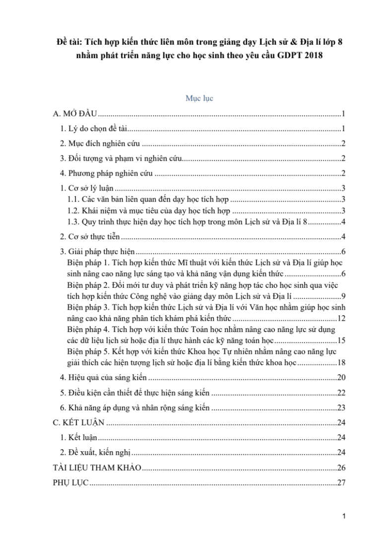 Tích hợp kiến thức liên môn trong giảng dạy Lịch sử & Địa lí lớp 8 nhằm phát triển năng lực cho học sinh theo yêu cầu GDPT 2018