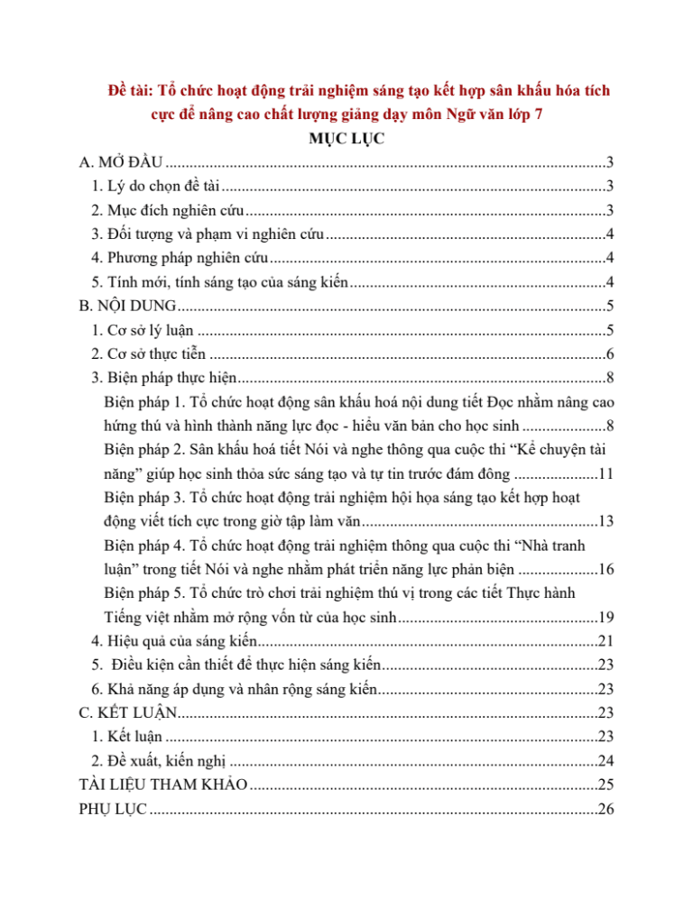 Tổ chức hoạt động trải nghiệm sáng tạo kết hợp sân khấu hóa tích cực để nâng cao chất lượng giảng dạy môn Ngữ văn lớp 7