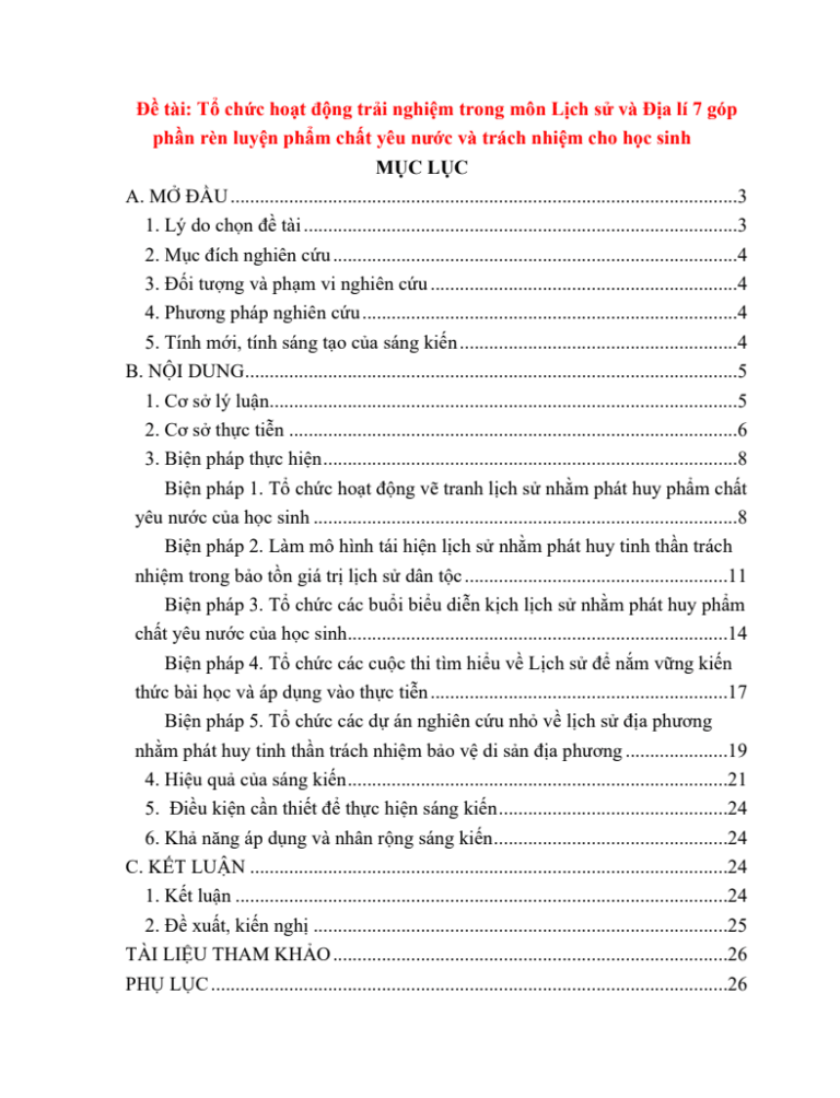 Tổ chức hoạt động trải nghiệm trong môn Lịch sử 7 góp phần rèn luyện phẩm chất yêu nước và trách nhiệm cho học sinh
