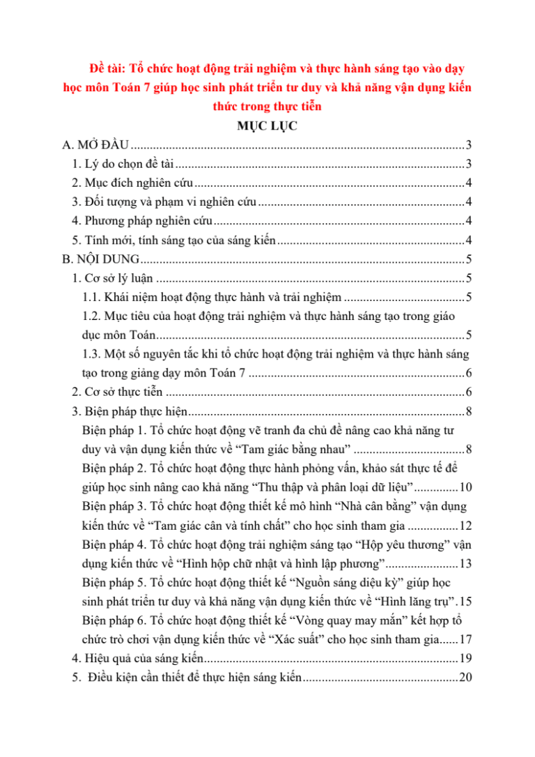 Tổ chức hoạt động trải nghiệm và thực hành sáng tạo vào dạy học môn Toán 7 giúp học sinh phát triển tư duy và khả năng vận dụng kiến thức trong thực tiễn