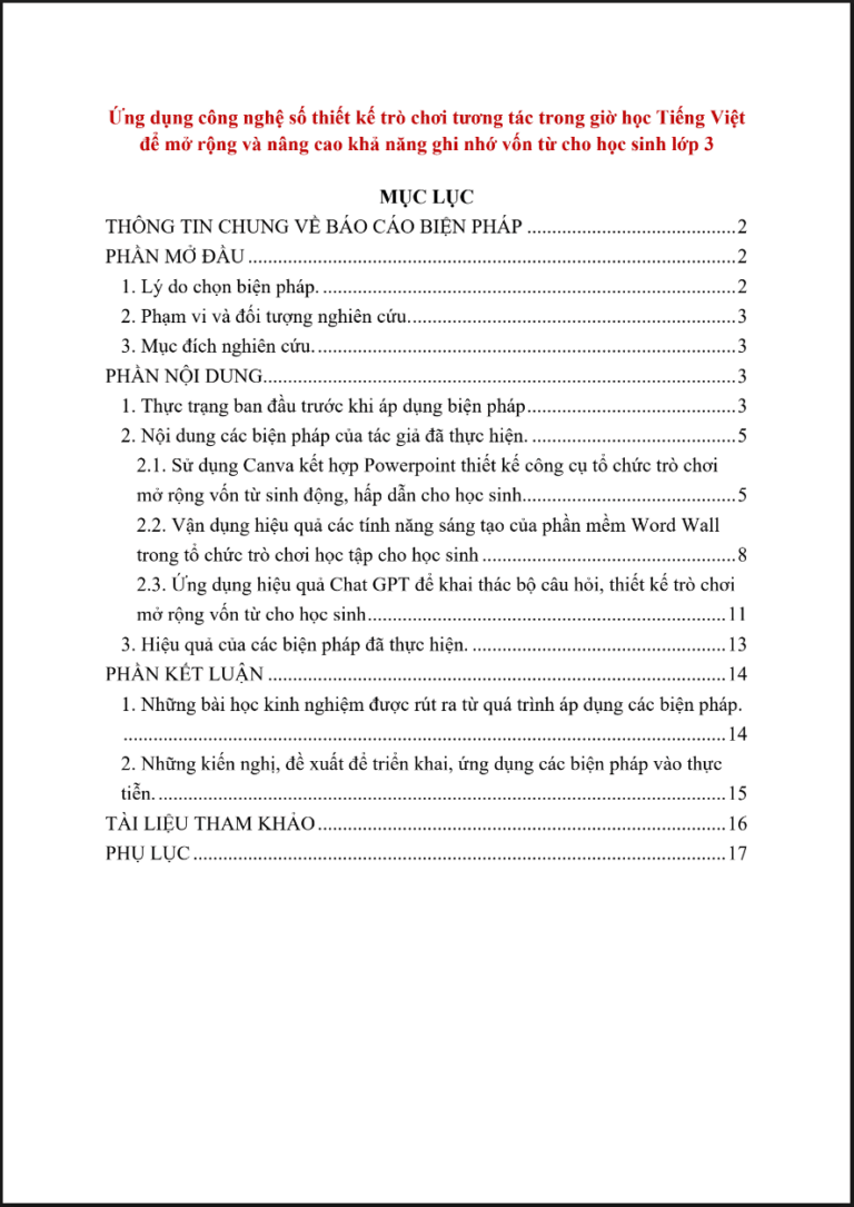 Ứng dụng công nghệ số thiết kế trò chơi tương tác trong giờ học Tiếng Việt để mở rộng và nâng cao khả năng ghi nhớ vốn từ cho học sinh lớp 3