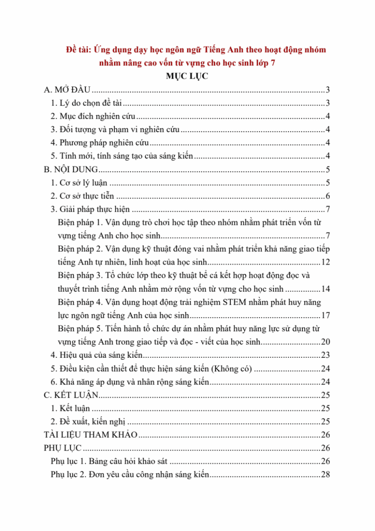 Ứng dụng dạy học ngôn ngữ Tiếng Anh theo hoạt động nhóm nhằm nâng cao vốn từ vựng cho học sinh lớp 7 (Global success/I-learn smart world/Friend plus)
