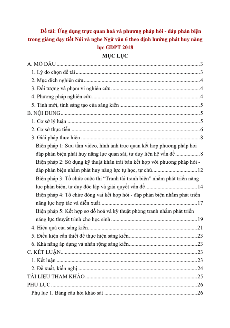 Ứng dụng trực quan hoá và phương pháp hỏi – đáp phản biện trong giảng dạy tiết Nói và nghe Ngữ văn 6 theo định hướng phát huy năng lực GPPT 2018