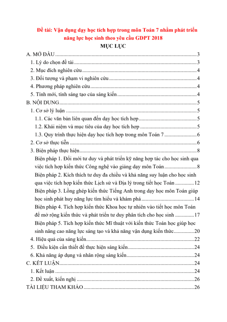 Vận dụng dạy học tích hợp trong môn Toán 7 nhằm phát triển năng lực học sinh theo yêu cầu GDPT 2018