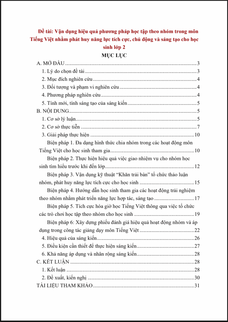 Vận dụng hiệu quả phương pháp học tập theo nhóm trong môn Tiếng Việt nhằm phát huy năng lực tích cực, chủ động và sáng tạo cho học sinh lớp 2