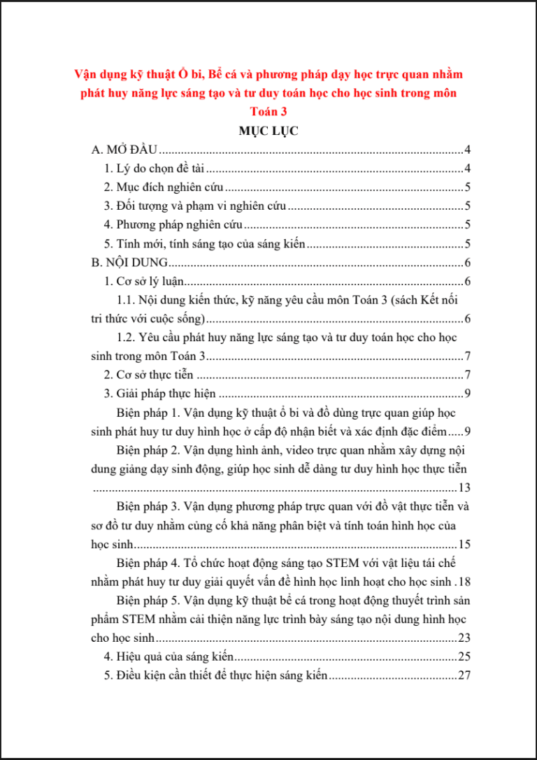 Vận dụng kỹ thuật Ổ bi, Bể cá và phương pháp dạy học trực quan nhằm phát huy năng lực sáng tạo và tư duy toán học cho học sinh trong môn Toán 3