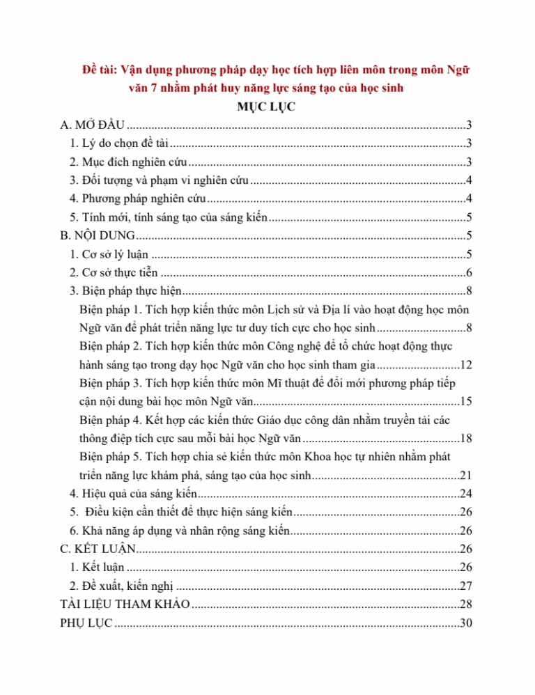 Vận dụng phương pháp dạy học tích hợp liên môn trong môn Ngữ văn 7 nhằm phát huy năng lực sáng tạo của học sinh