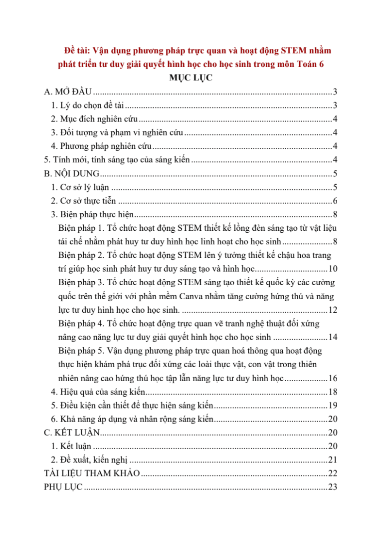 Vận dụng phương pháp trực quan và hoạt động STEM nhằm phát triển tư duy giải quyết hình học cho học sinh trong môn Toán 6