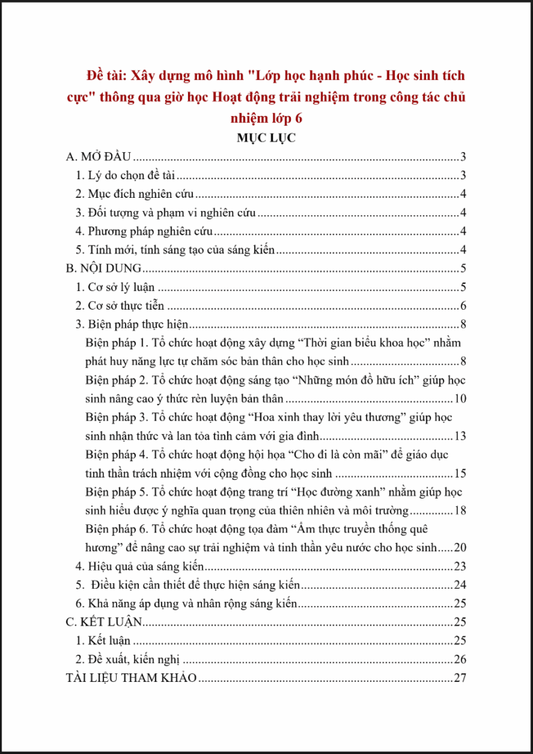 Xây dựng mô hình “Lớp học hạnh phúc – Học sinh tích cực” thông qua giờ học Hoạt động trải nghiệm trong công tác chủ nhiệm lớp 6  (đủ 3 bộ sách)