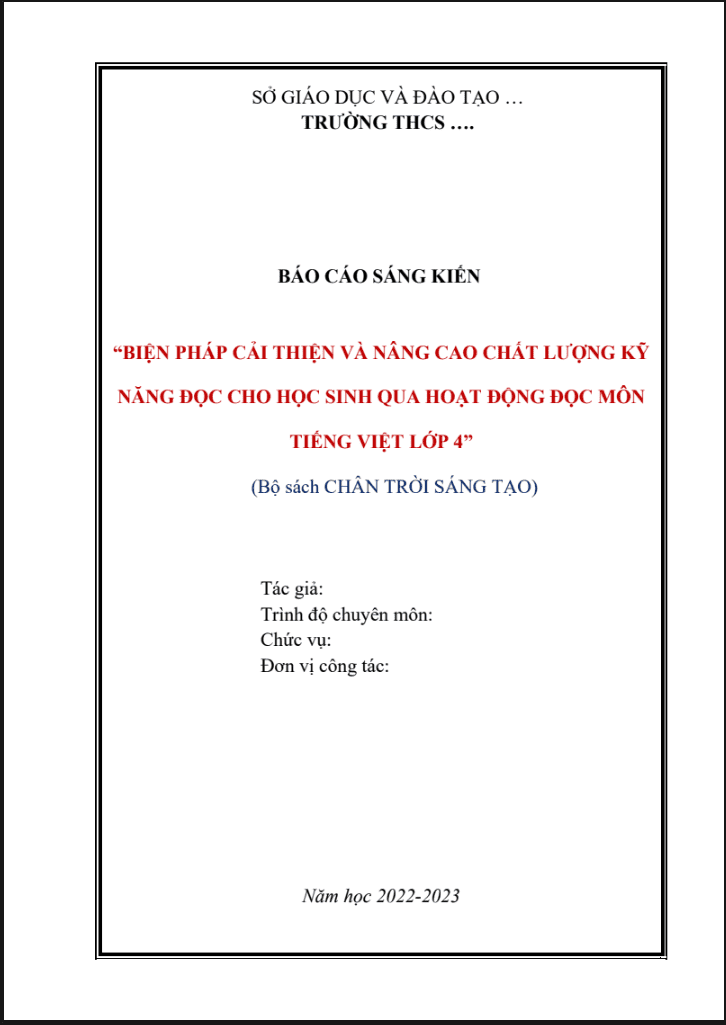 Biện pháp cải thiện và nâng cao chất lượng kỹ năng đọc cho học sinh qua hoạt động Đọc môn Tiếng Việt lớp 4 (Bộ sách Chân rời sáng tạo)
