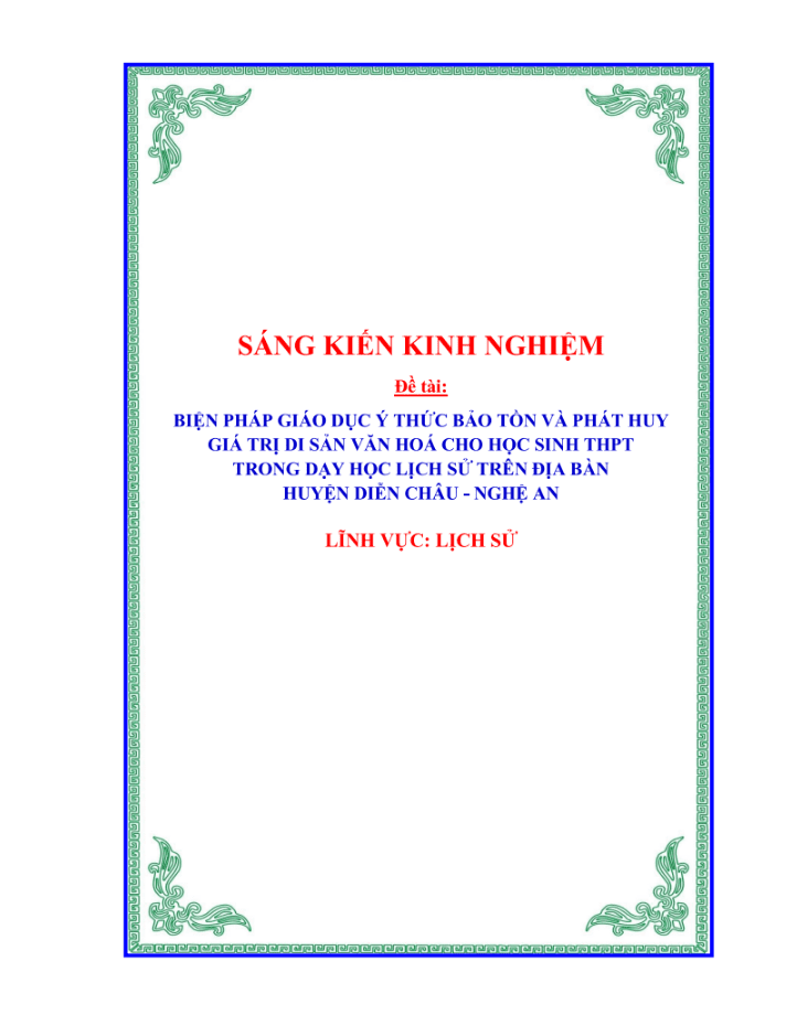 Biện pháp giáo dục ý thức bảo tồn và phát huy giá trị di sản văn hoá cho học sinh THPT trong dạy học lịch sử trên địa bàn huyện Diễn Châu – Nghệ An  – CÁNH DIỀU