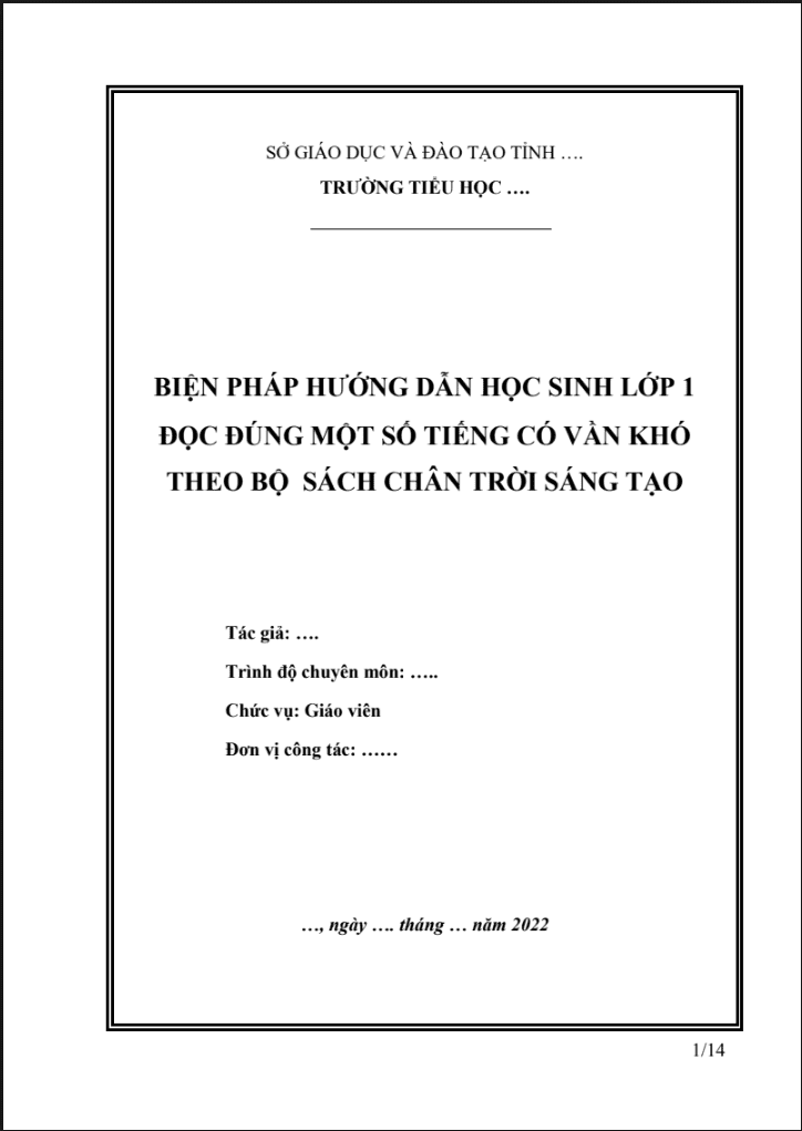 Biện pháp hướng dẫn học sinh lớp 1 đọc đúng một số tiếng có vần khó bộ sách Chân Trời Sáng Tạo