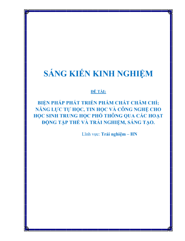 Biện pháp phát triển phẩm chất chăm chỉ; năng lực tự học, tin học và công nghệ cho học sinh Trung học phổ thông qua các hoạt động tập thể và trải nghiệm, sáng tạo