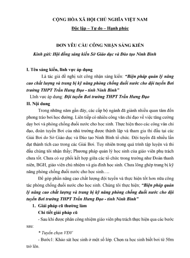 Biện pháp quản lý nâng cao chất lượng và trang bị kỹ năng phòng chống đuối nước cho đội tuyển Bơi trường THPT Trần Hưng Đạo – tỉnh Ninh Bình