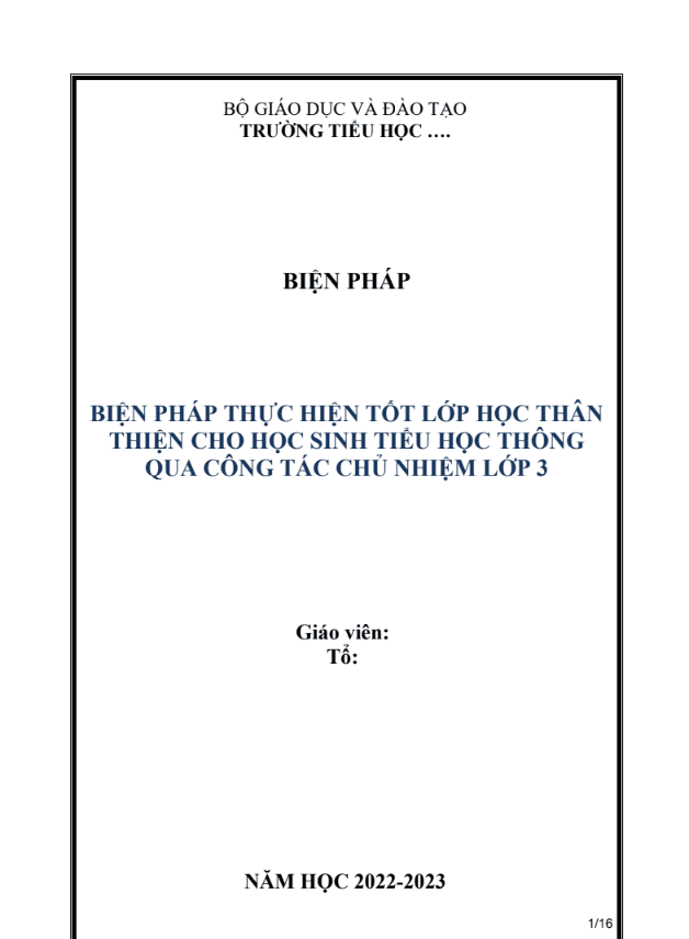 Biện pháp thực hiện tốt lớp học thân thiện thông qua công tác chủ nhiệm
