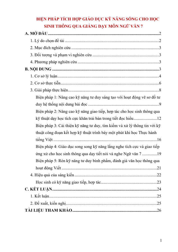 Biện pháp tích hợp giáo dục kỹ năng sống cho học sinh thông qua giảng dạy môn Ngữ văn 7 (Đủ 3 bộ sách)