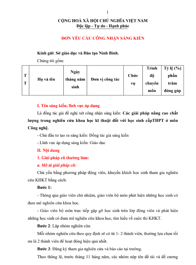 Các giải pháp nâng cao chất lượng trong nghiên cứu khoa học kĩ thuật đối với học sinh cấpTHPT ở môn Công nghệ