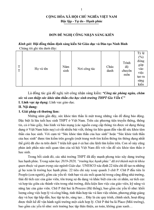 Công tác phòng ngừa, chăm sóc và can thiệp sức khỏe tâm thần cho học sinh trường THPT