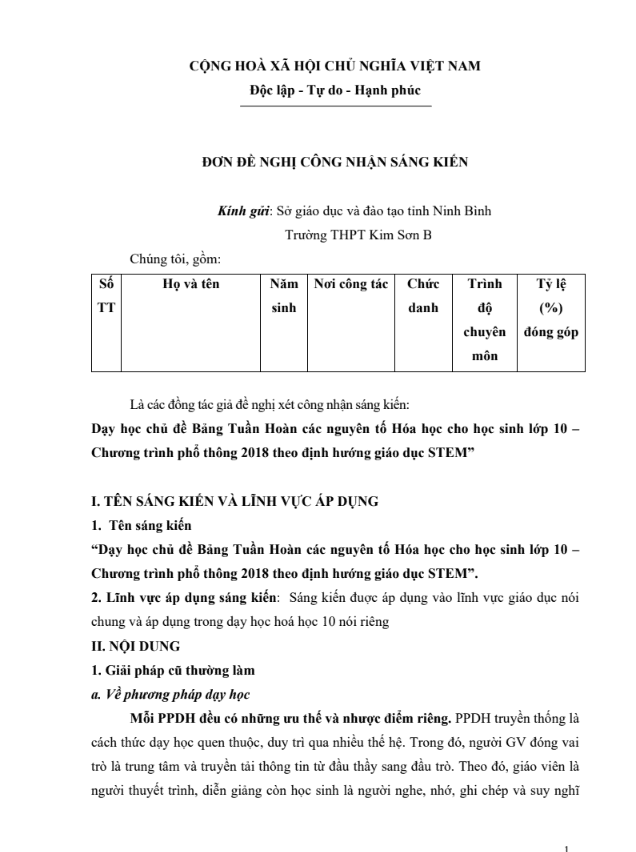 Dạy học chủ đề Bảng Tuần Hoàn các nguyên tố Hóa học cho học sinh lớp 10 – Chương trình phổ thông 2018 theo định hướng giáo dục STEM