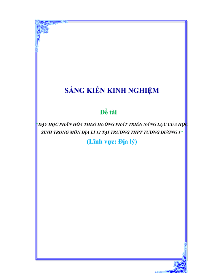 Dạy học phân hóa theo hướng phát triển năng lực học sinh trong môn Địa lí 12 tại trường THPT Tương Dương 1