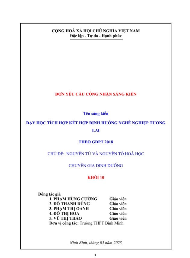 Dạy học tích hợp kết hợp định hướng nghề nghiệp tương lai từ GDPT 2006 đến đổi mới GDPT 2018. Chủ đề Nguyên tử và nguyên tố hóa học. Chuyên gia dinh dưỡng