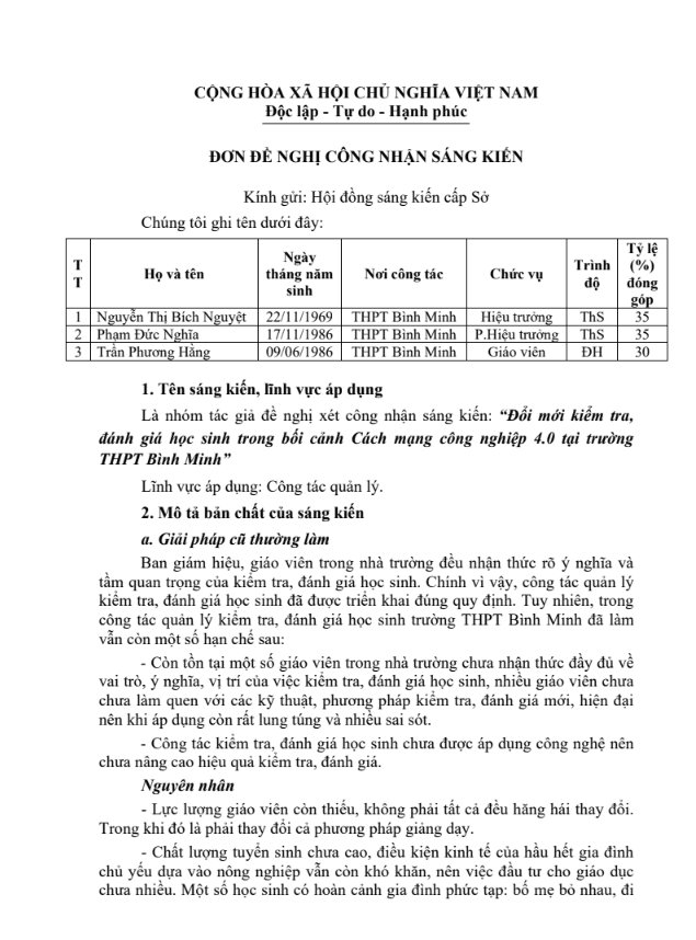 Đổi mới kiểm tra, đánh giá học sinh trong bối cảnh Cách mạng công nghiệp 4.0 tại trường THPT Bình Minh