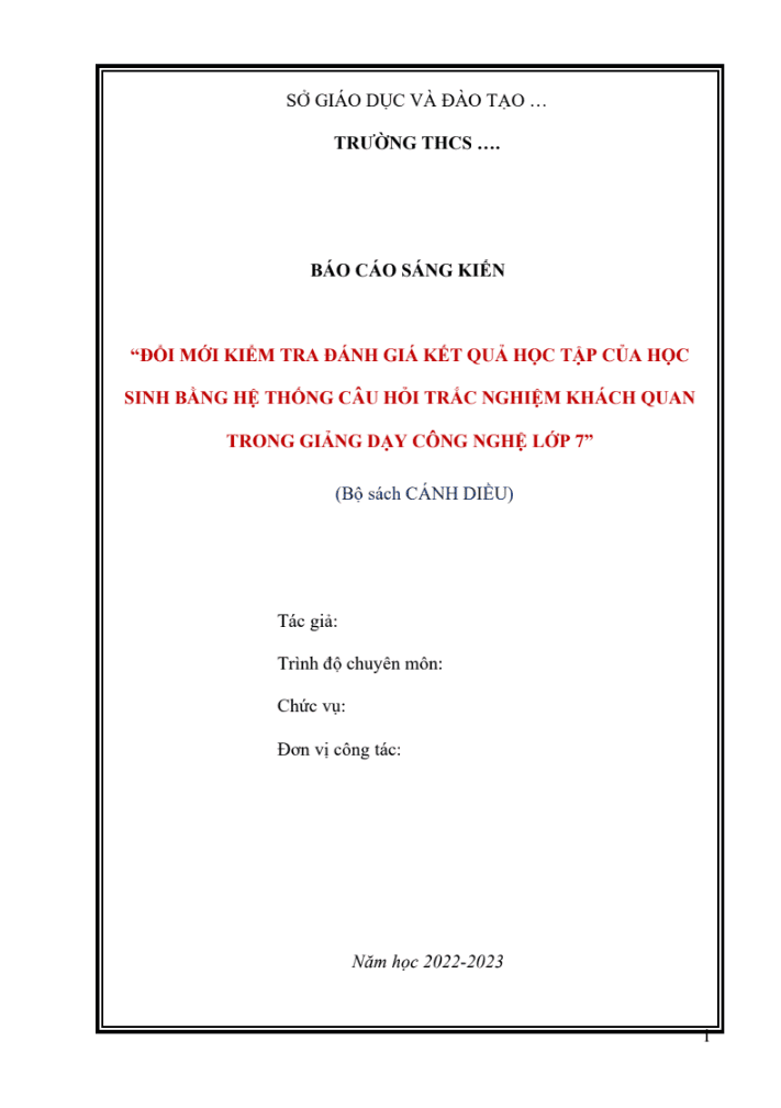 Đổi mới kiểm tra đánh giá kết quả học tập của học sinh bằng hệ thống câu hỏi trắc nghiệm khách quan trong giảng dạy công nghệ lớp 7 (Bộ sách Cánh diều)