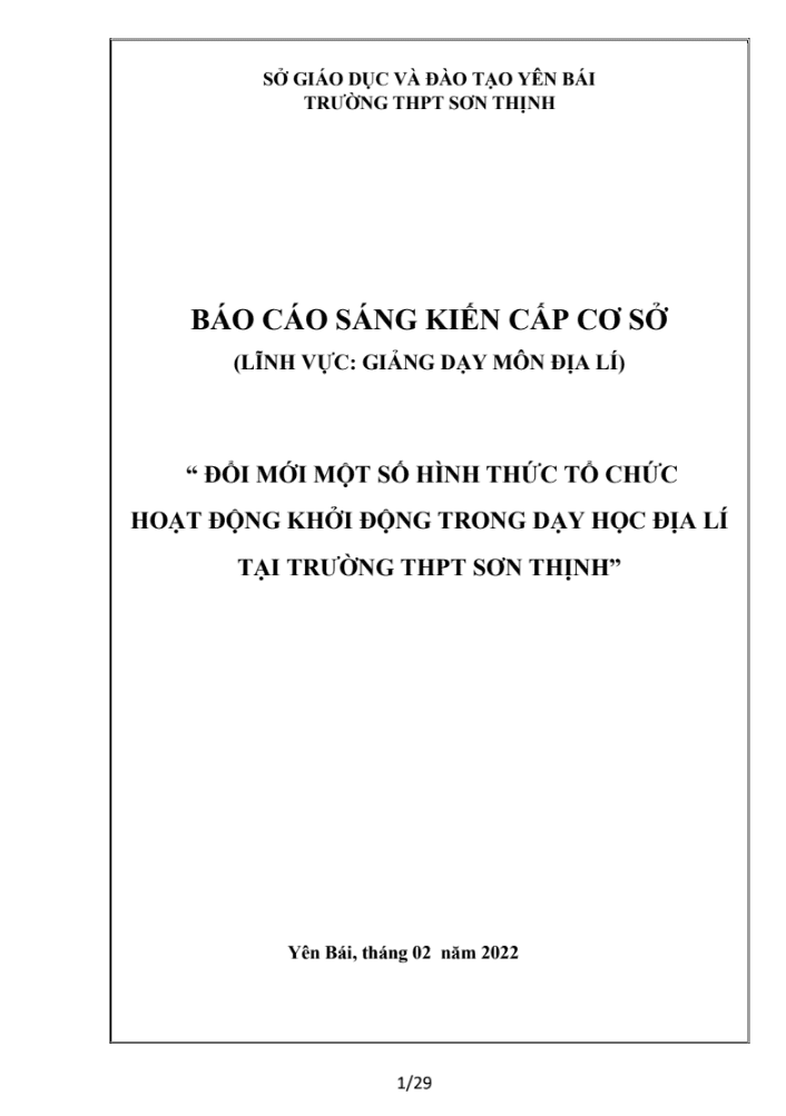 Đổi mới một số hình thức tổ chức hoạt động khởi động trong dạy học Địa lí tại trường THPT Sơn Thịnh