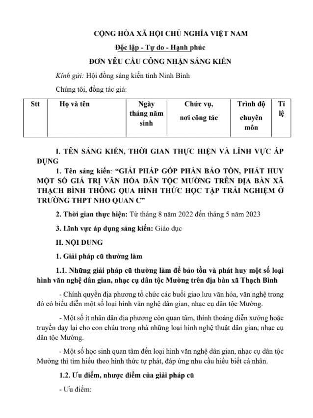 Giải pháp góp phần bảo tồn, phát huy một số giá trị văn hóa dân tộc mừng trên địa bàn xã Thạch Bình thông qua hình thức học tập trải nghiệm ở trường THPT sách Chân trời sáng tạo