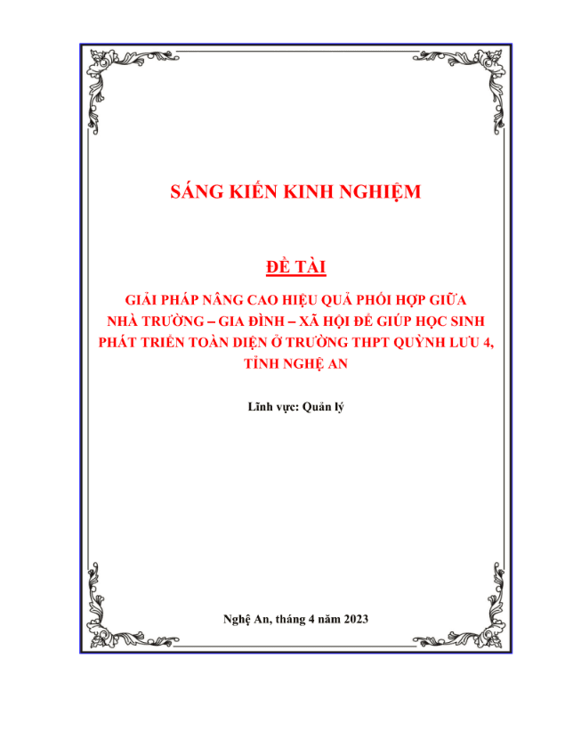 Giải pháp nâng cao hiệu quả phối hợp giữa nhà trường – gia đình – xã hội để giúp học sinh phát triển toàn diện ở trường THPT