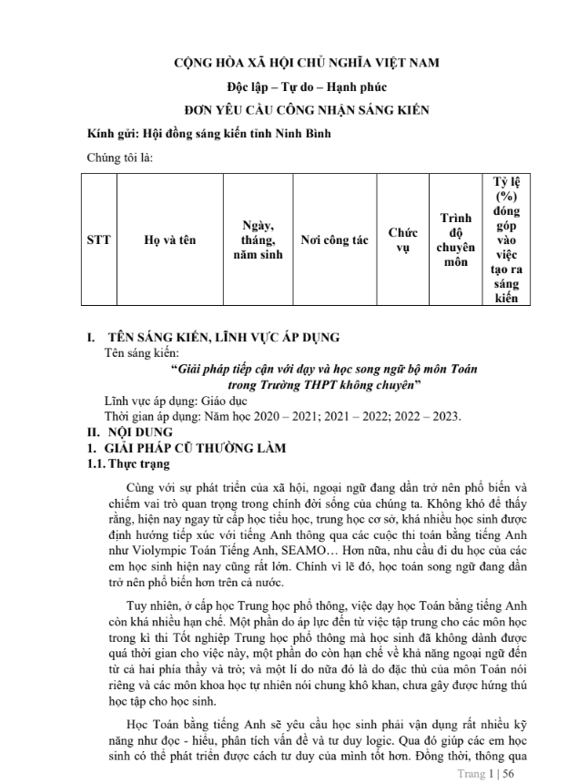 Giải pháp tiếp cận với dạy và học song ngữ bộ môn Toán