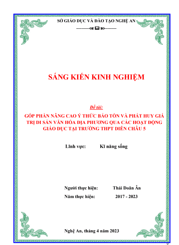 Góp phần nâng cao ý thức bảo tồn và phát huy giá trị di sản văn hóa địa phương qua các hoạt động giáo dục tại trường thpt