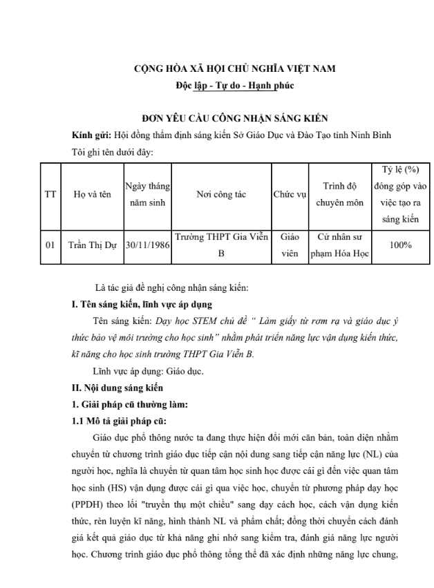 Làm giấy từ rơm rạ và giáo dục ý thức bảo vệ môi trường cho học sinh” nhằm phát triển năng lực vận dụng kiến thức, kĩ năng cho học sinh trường THPT