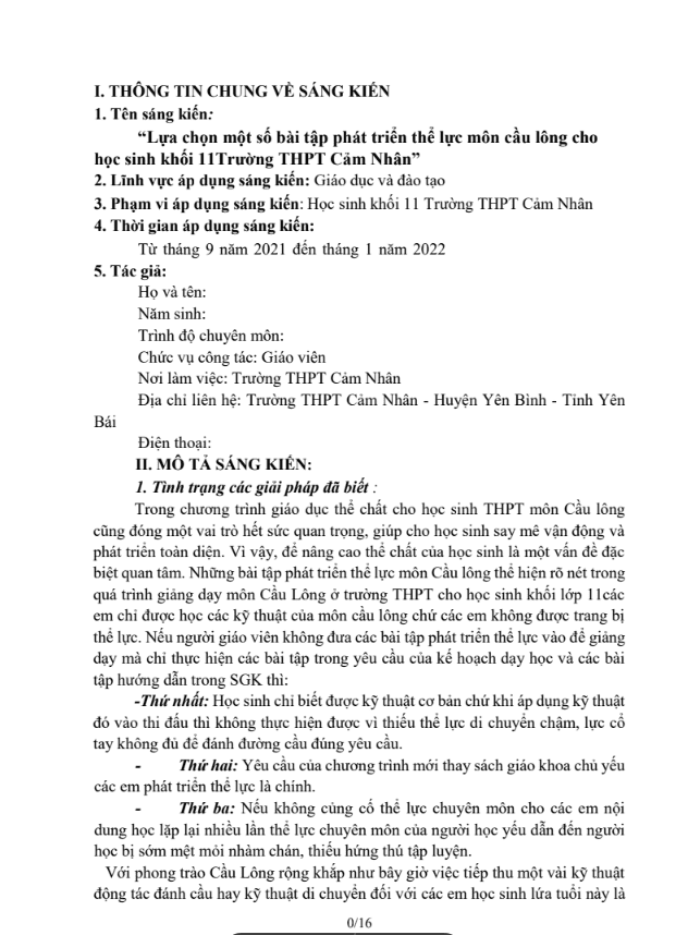 Lựa trọn 1 số bài tập phát triển thể lực môn Cầu lông cho học sinh khối 11 Trường THPT Cảm Nhân