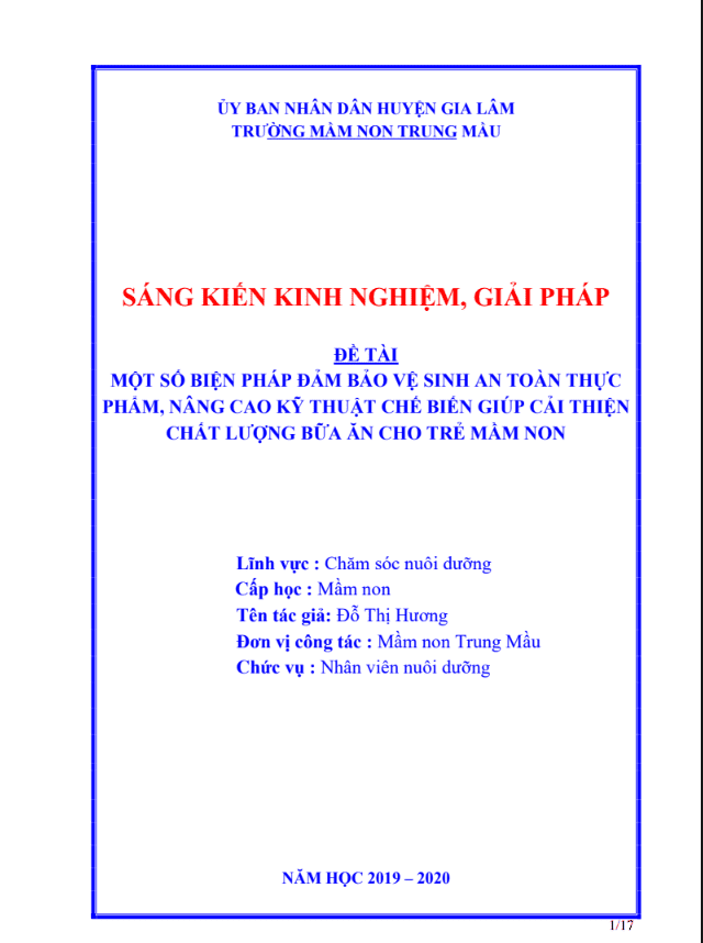 Một số biện pháp đảm bảo vệ sinh an toàn thực phẩm, nâng cao kĩ thuật chế biến món ăn giúp cải thiện chất lượng bữa ăn cho trẻ
