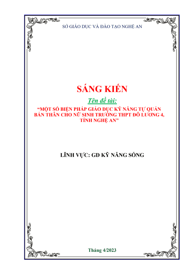 Một số biện pháp giáo dục kỹ năng tự quản bản thân cho nữ sinh trường thpt