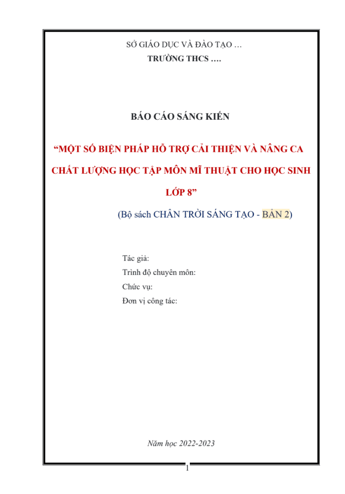 Một số biện pháp hỗ trợ cải thiện và nâng cao chất lượng học tập môn Mỹ Thuật cho học sinh lớp 8 (Bộ sách Chân trời sáng tạo)