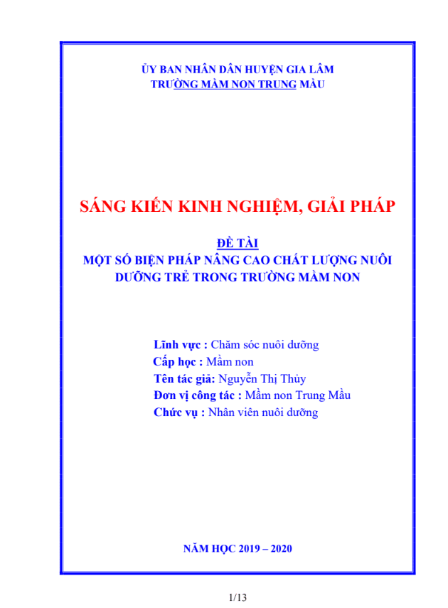 Một số biện pháp nâng cao chất lượng nuôi dưỡng trẻ trong trường mầm non.