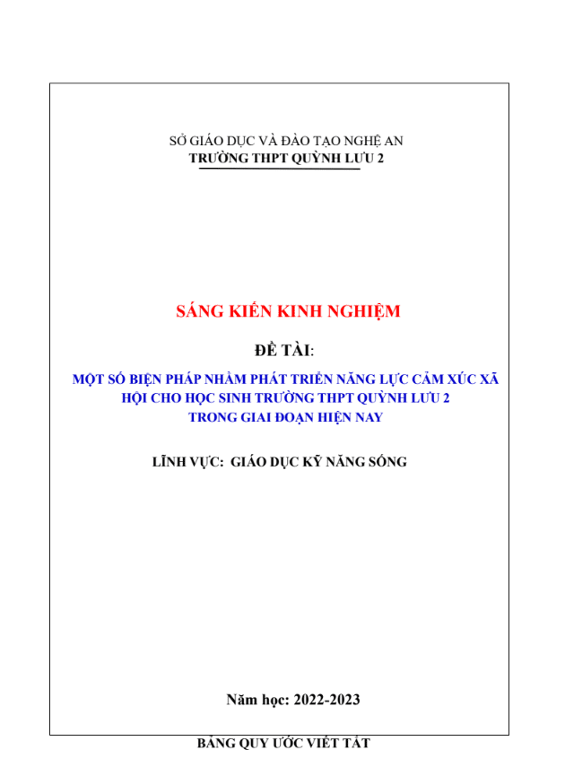 Một số biện pháp nhằm phát triển năng lực cảm xúc xã hội cho học sinh trường thpt trong giai đoạn hiện nay