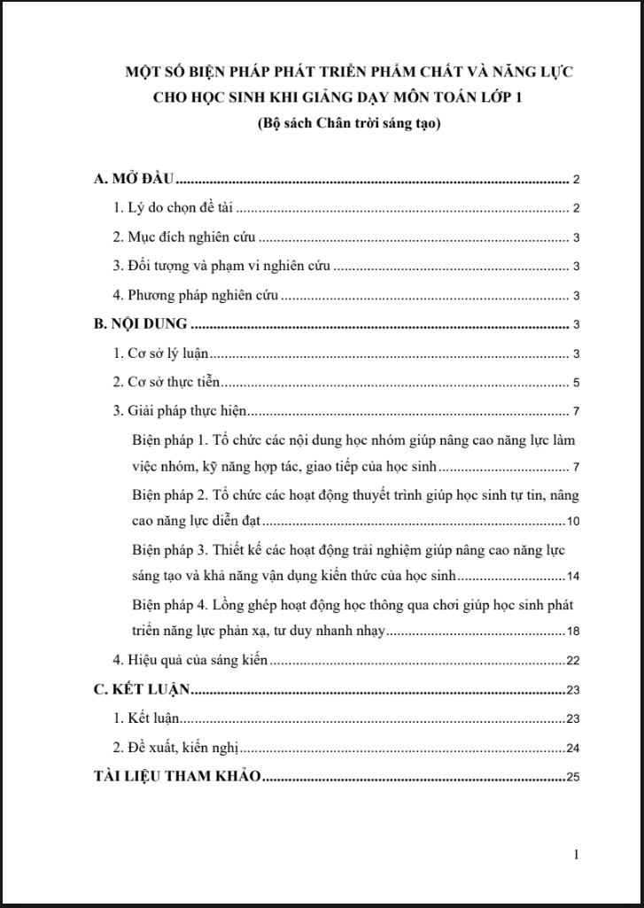 Một số biện pháp phát triển phẩm chất và năng lực cho học sinh khi giảng dạy môn Toán lớp 1 (đủ 3 bộ sách)