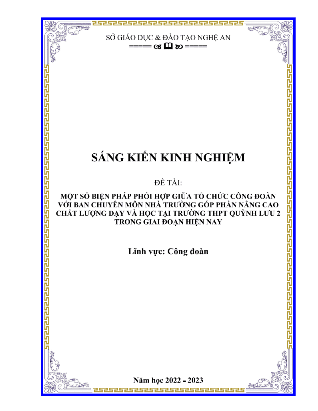 Một số biện pháp phối hợp giữa tổ chức Công đoàn với Ban chuyên môn nhà trường góp phần nâng cao chất lượng dạy và học tại trường THPT Quỳnh Lưu 2