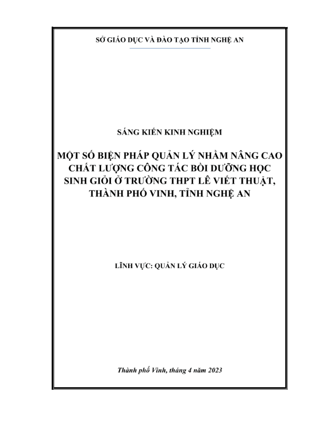 Một số biện pháp quản lý nhằm nâng cao chất lượng công tác bồi dưỡng học sinh giỏi ở trường thpt