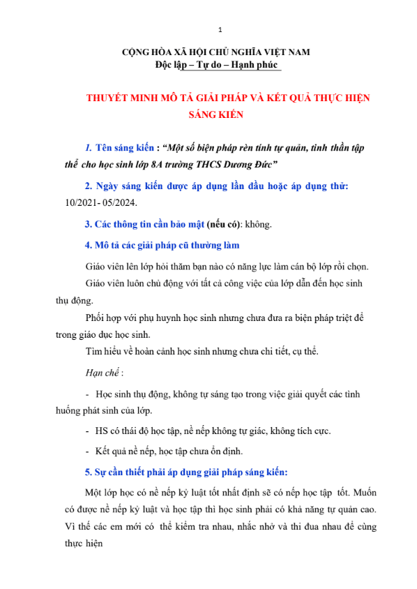 Một số biện pháp rèn tính tự quản, tinh thần tập thể cho học sinh lớp 8A trường THCS Dương Đức