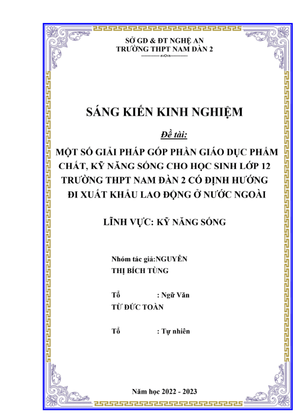 Một số giải pháp góp phần giáo dục phẩm chất, kỹ năng sống cho học sinh lớp 12 trường thpt có định hướng đi xuất khẩu lao động ở nước ngoài