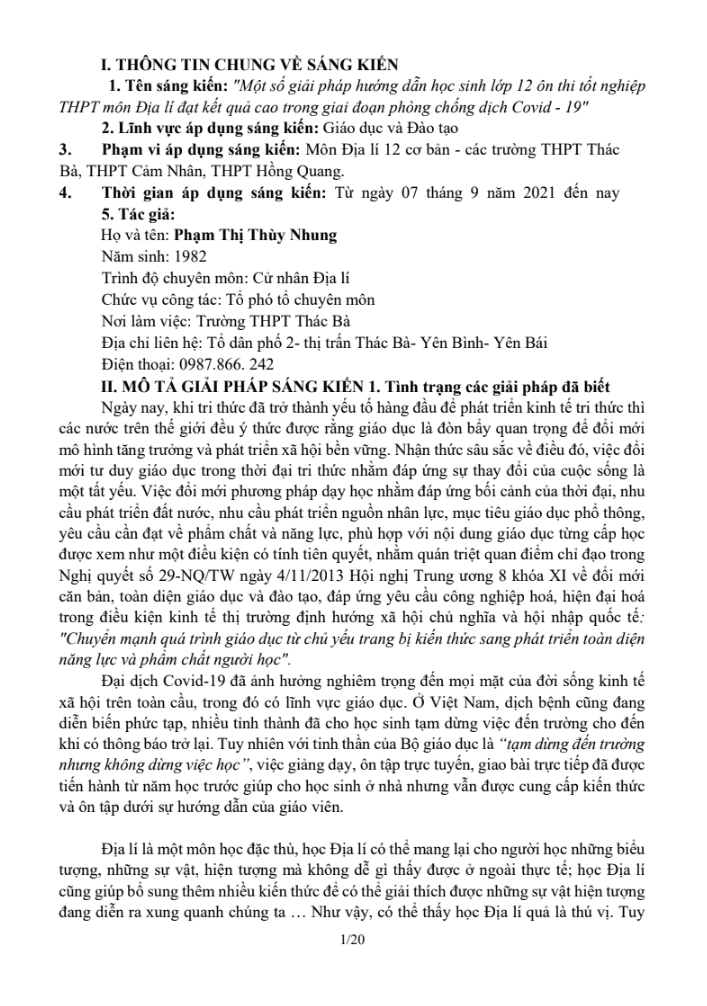 Một số giải pháp hướng dẫn học sinh lớp 12 ôn thi tốt nghiệp THPT môn Địa lí đạt kết quả cao trong giai đoạn phòng chống dịch Covid – 19