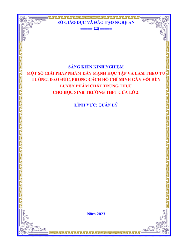 Một số giải pháp nhằm đẩy mạnh học tập và làm theo tư tưởng, đạo đức, phong cách Hồ Chí Minh gắn với rèn luyện phẩm chất Trung thực cho học sinh trường THPT