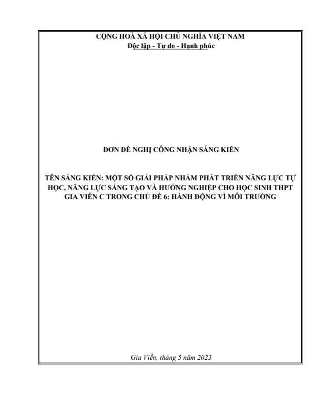 Một số giải pháp nhằm phát triển năng lực tự học, năng lực sáng tạo và hướng nghiệp cho học sinh THPT Gia Viễn C trong chủ đề 6 Hành động vì môi trường sách cánh diều