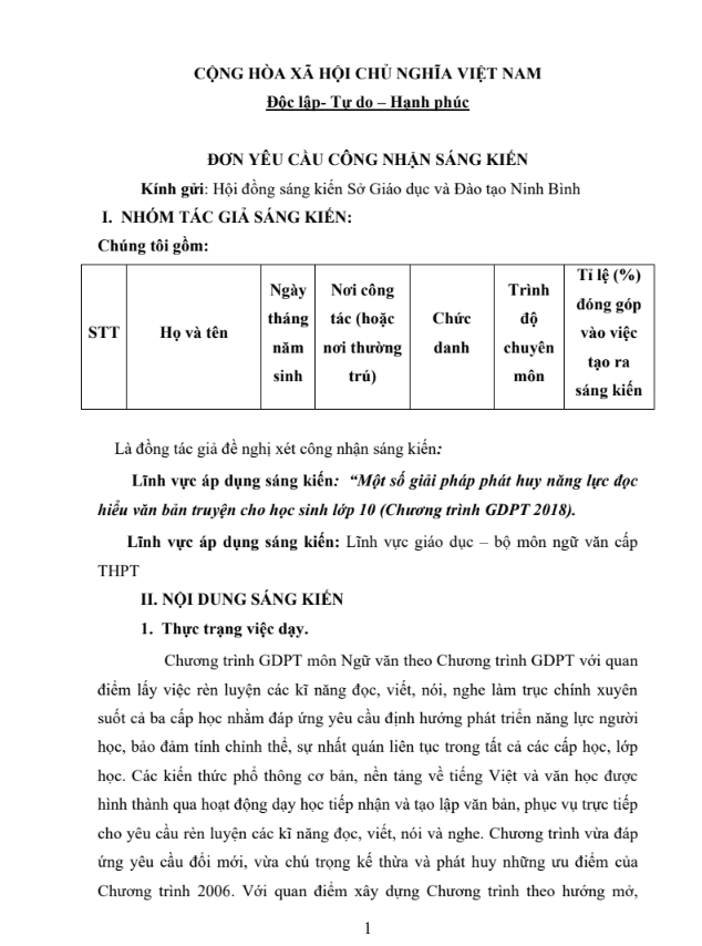 Một số giải pháp phát huy năng lực đọc hiểu văn bản truyện cho học sinh lớp 10 (Chương trình giáo dục phổ thông 2018)