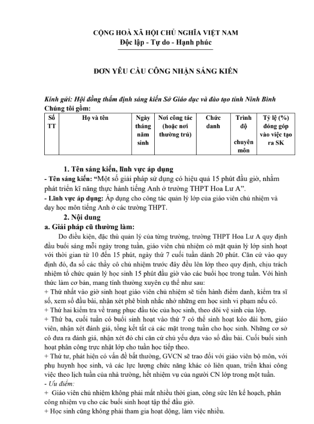 Một số giải pháp sử dụng có hiệu quả 15 phút đầu giờ, nhằm phát triển kĩ năng thực hành tiếng Anh ở trường THPT