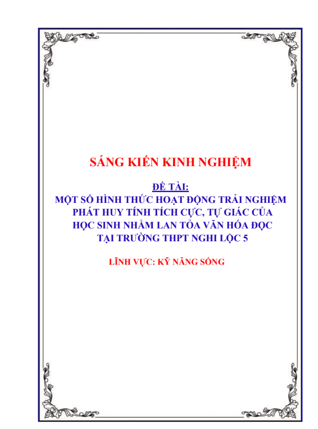 Một số hình thức hoạt động trải nghiệm phát huy tính tích cực, tự giác của học sinh nhằm lan tỏa văn hóa đọc tại trường thpt